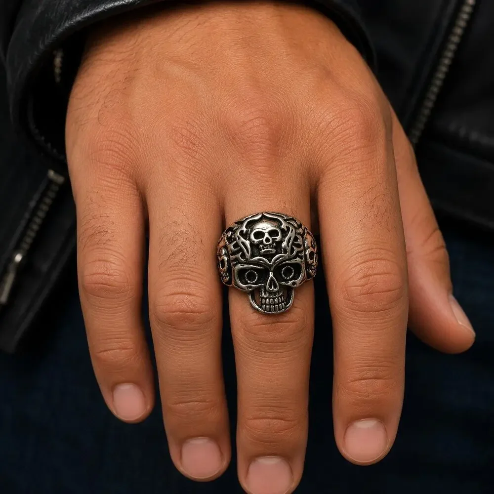 316L Stainless Steel silver gothic biker skull ring men’s size 10